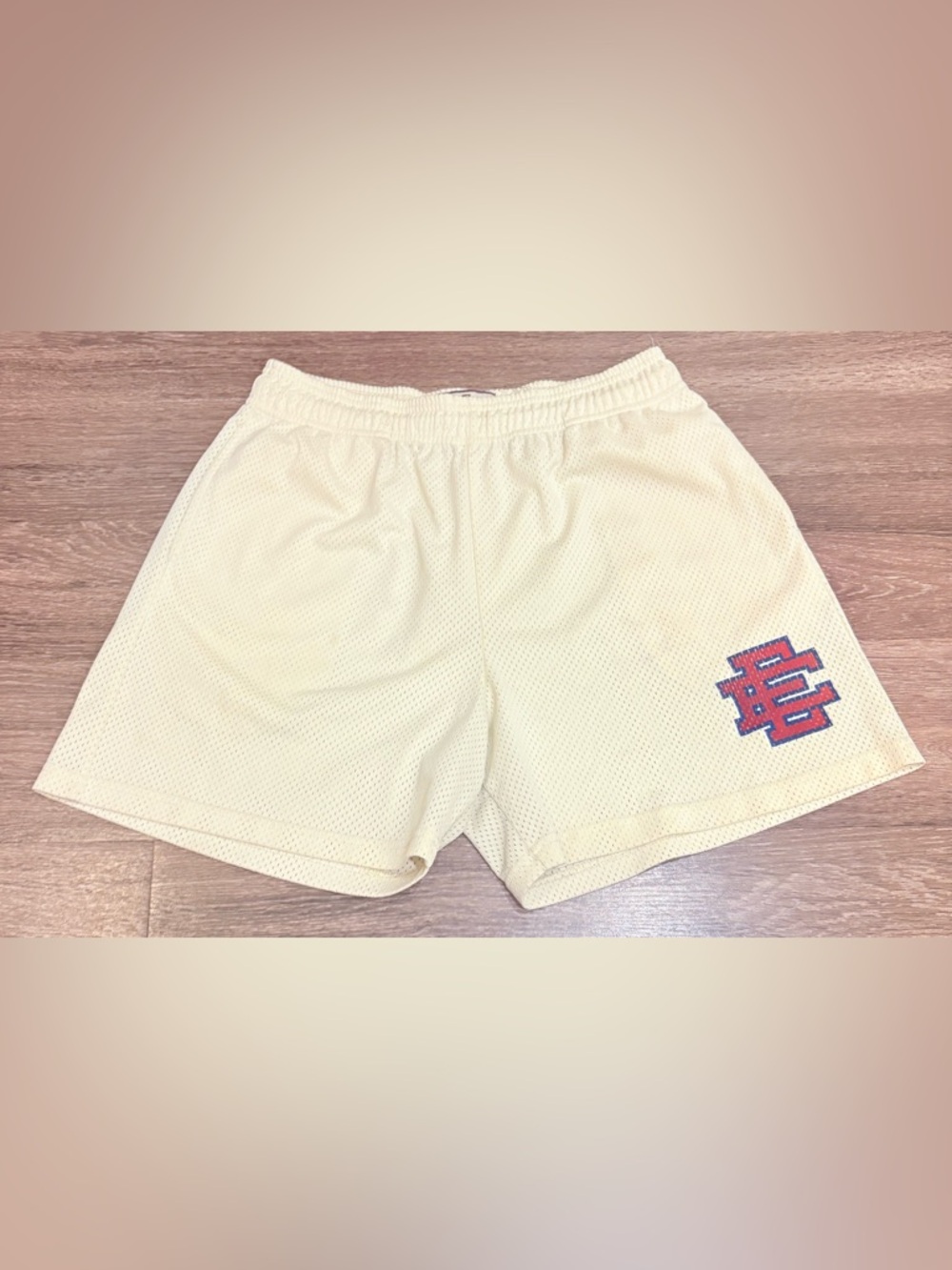 Eric Emanuel Cream Mesh Athletic Shorts with Red and Blue Logo Size Large